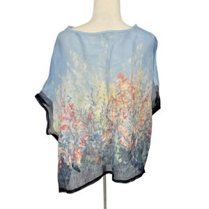 Chicos Linen Watercolor Floral Poncho Coastal Cottage Womens Size S/M Boxy Beach